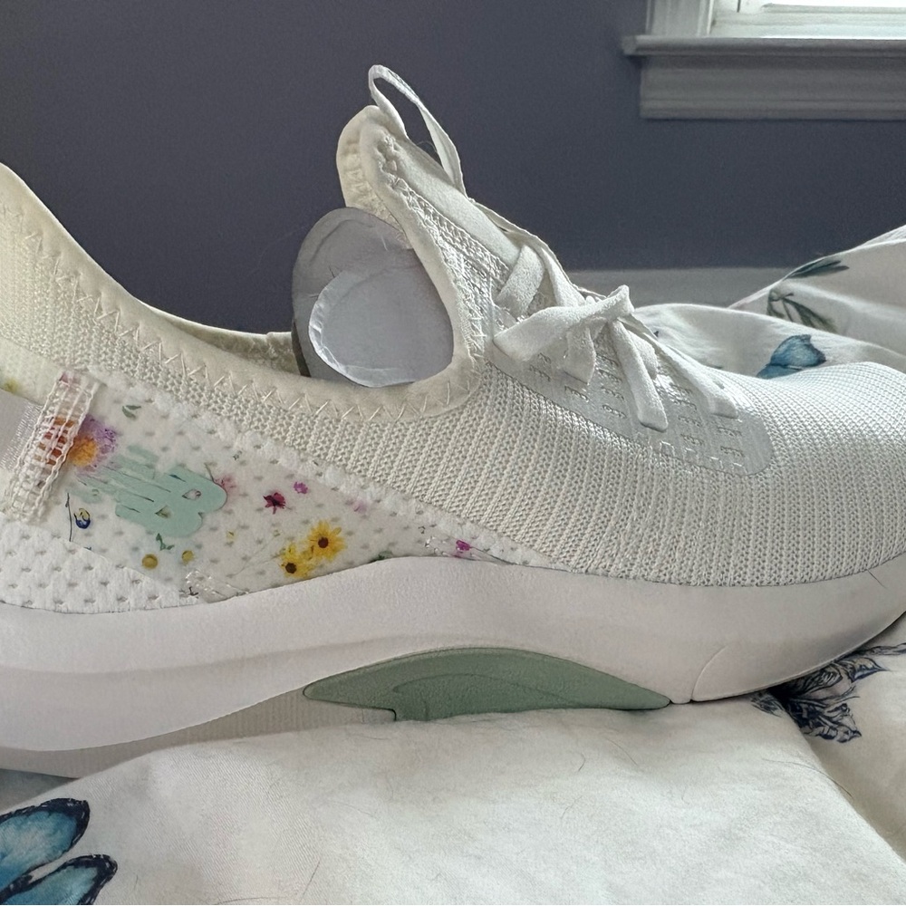New Balance Women's White Knit Slip-On Sneakers with Floral Accent